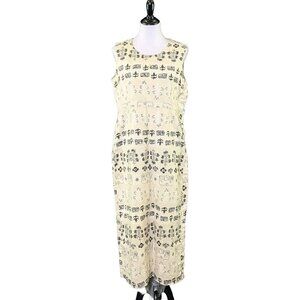 Garron Linen Dress Sleeveless Tribal Elephants Cream Gray MEDIUM